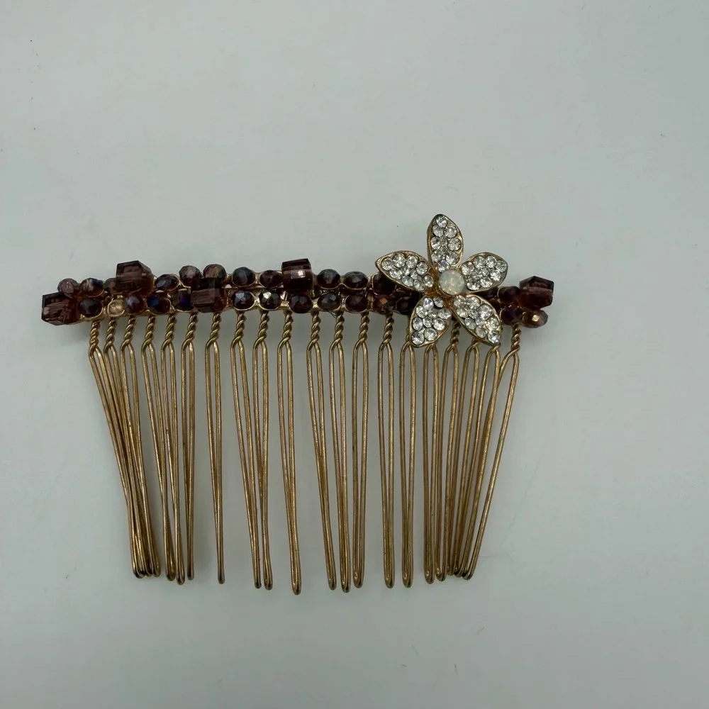 Vintage Beaded Flower Hair Combs Gold Tone Rhinestone Crystal Set of 2